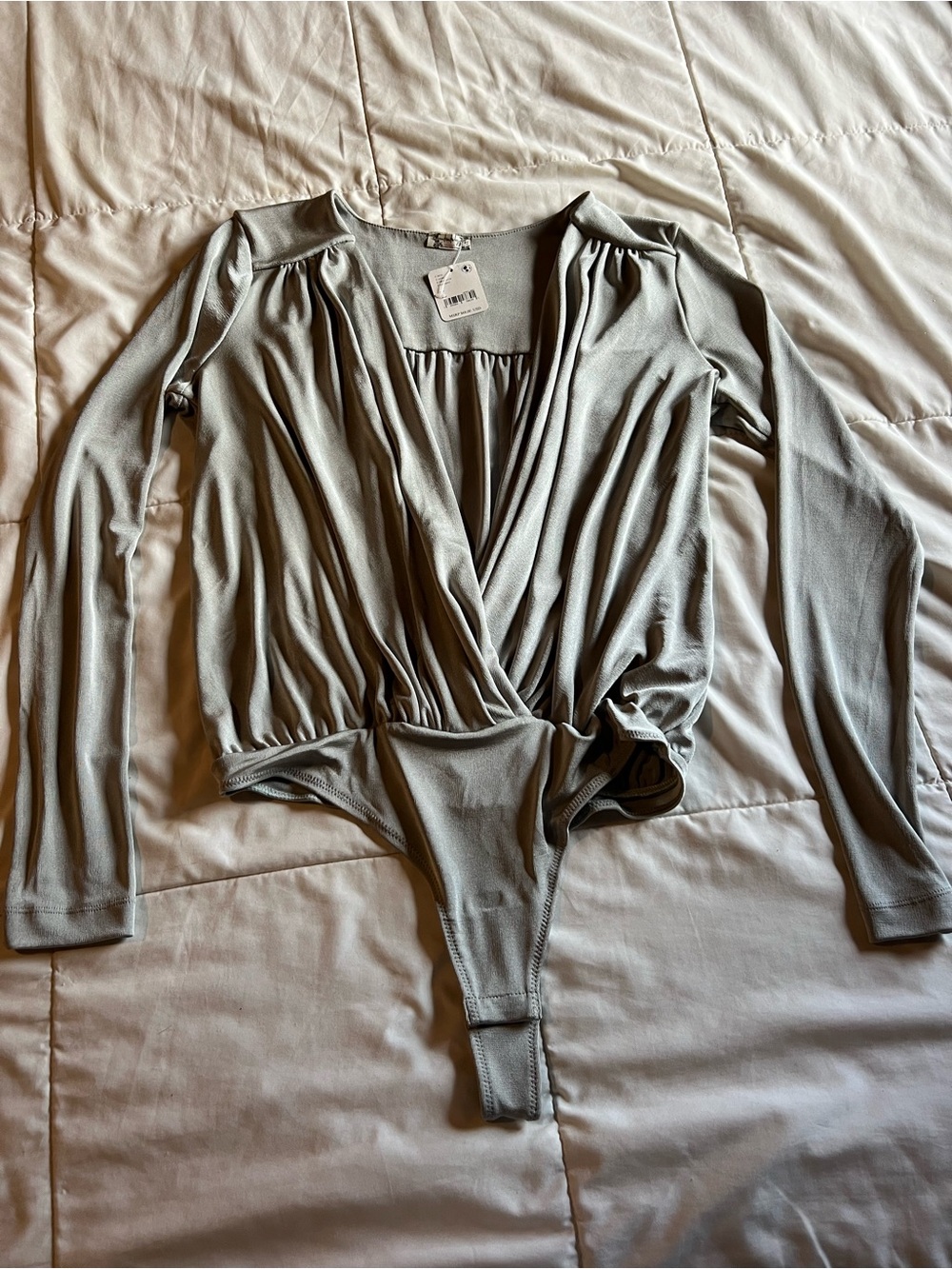 Free People Sage Green/Silver Wrap-Front Long Sleeve Bodysuit